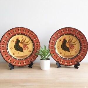Rooster Ceramic Plates Set 2 Hand Painted Rustic Farmhouse Country Kitchen Decor
